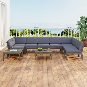 Christopher Knight Home Elra Rustic 10 Piece Patio Acacia Wood Slatted Modular Seating Set with Cushions and 2 Coffee Table - 1 of 4