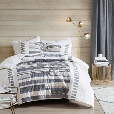 Navy and Gray Cotton Printed Full/Queen Duvet Cover Set with Trims