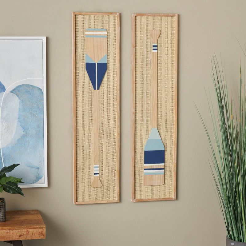 Olivia &#38; May Set of 2 Wood Paddle Wall Decors with Blue and White Striped and Woven Paper Backing Cream, 2 of 8