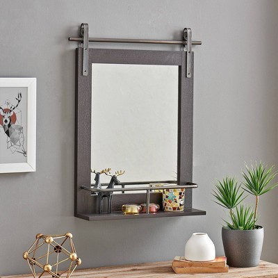 Espresso Ingram Farmhouse Barn Door Mirror with Shelf Decorative Wall Mirror Brown - FirsTime