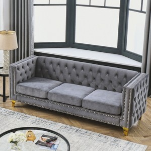 KWPZQEB Velvet Sofa, Tufted Sofa with Trimmed Nailhead and Metal Legs, Chesterfield Sofa with Square Armrest & Upholstered for Living Room - 1 of 4
