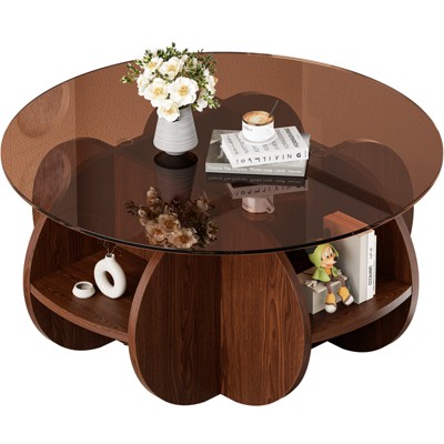 Dolorm 31.5 " 2-Tier Circular Coffee Table, Tempered Glass Coffee Table, Wooden MDF Frame, with 4 Open Compartments,for in the Living Room