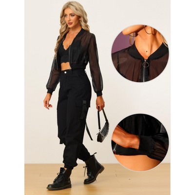 Женские куртки INSPIRE CHIC Women's Long Sleeve Stand Collar Crop Sheer Mesh Bomber Jacket X-Large Black — фото 2