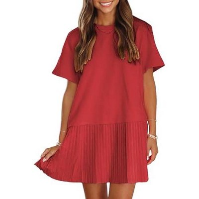 EXLURA Womens Summer Casual Short Sleeve Dress Crewneck Tshirt Dresses Pleated Aline Mini Dress 2025 Vacation Beach Sundress