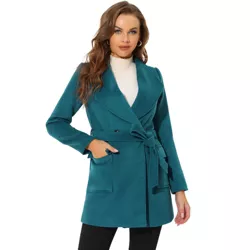 Allegra K Women's Shawl Collar Lapel Winter Belted Coat with Pockets Turquoise Small