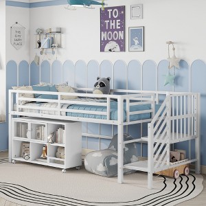 Whisen Twin Metal Loft Bed with Storage Cubby & Stairs for Kids, Safety Design - 1 of 4