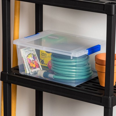 Clear Stackable Plastic Storage Boxes with Blue Latches, 12 Qt, Set of 4
