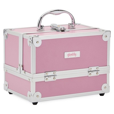 Glamlily Iridescent Pink Train Makeup Case, 3 Tier 5 Compartment Cosmetic Storage Box