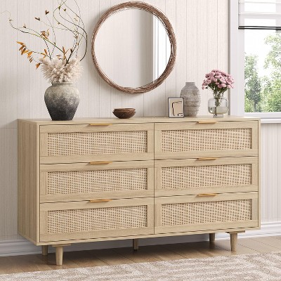 Angel Sar 51" Rattan Dresser for Bedroom, 6 Drawer Wide Dresser, Boho&Farmhouse Chest of Drawers, Metal Handle&Wood Legs, Wood