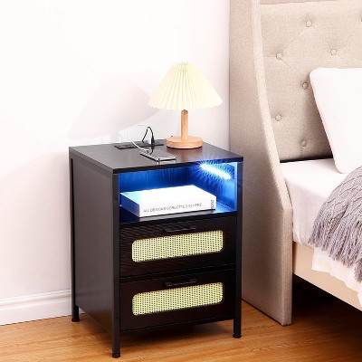 24 Nightstand with USB Ports and Outlets, Rattan Decorated Doors & Open Shelf, Boho Side, Cane Accent Bedside End Table for Bedroom Living Room