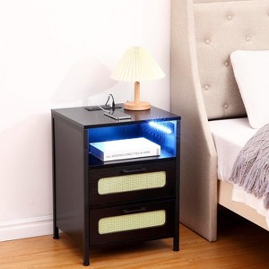 24 Nightstand with USB Ports and Outlets, Rattan Decorated Doors & Open Shelf, Boho Side, Cane Accent Bedside End Table for Bedroom Living Room - 1 of 4