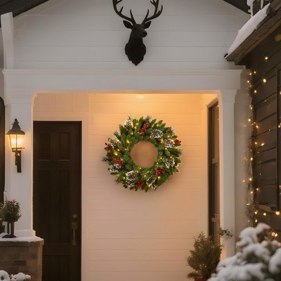 6-Pc Pre-Lit Frosted Christmas Wreath Set with Pine Cones & Berries for Door, Mantel, Stair Decor