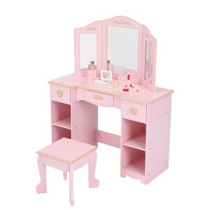 CuisinSmart Kids Vanity Set, Pretend Play Girls Vanity Table and Chair Set with Mirror, Stool, and Wood Makeup Playset, Pink - 1 of 4