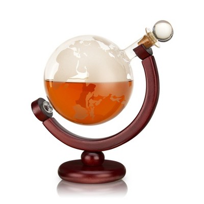 Viski Globe Etched Glass Whiskey Decanter with Wooden Stand
