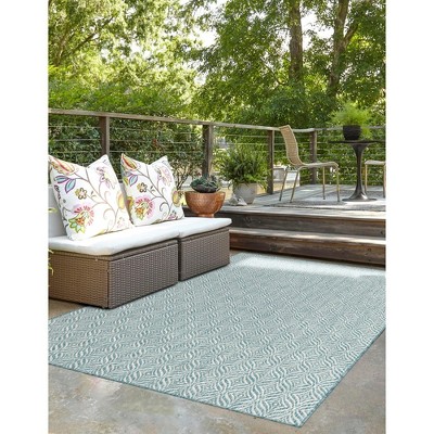 Aqua and Ivory Trellis Outdoor Rectangular Rug