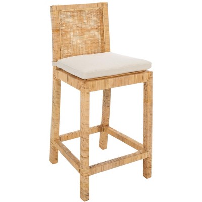 White and Natural Mango Wood Counter Stool with Cushion