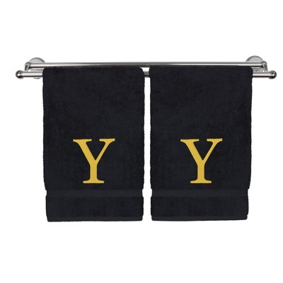 BC BARE COTTON Monogrammed Hand Towel, 100% Turkish Cotton - Set of 2 - Black - Gold Block
