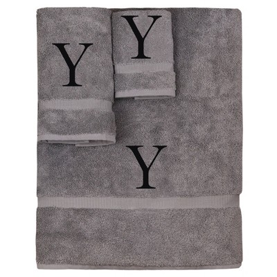 BC BARE COTTON Monogrammed Towel Set, Personalized Gift, Set of 3 - Gray - Black Block
