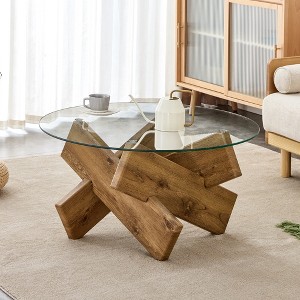 Glass Coffee Table Round Cocktail Table Center Table Accent Table Sofa Table, Modern Design, Natural/White/Gray/Walnut-Modernluxe - 1 of 4