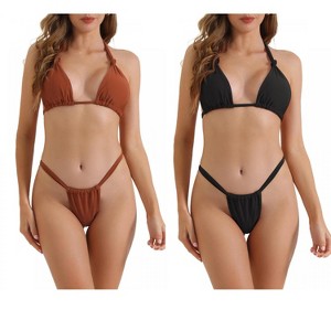 INSPIRE CHIC Women's Push-Up Halter Double Tie Back Triangle Bottoms Swimwear Bathing Bikini Suits 2 Sets - 1 of 4