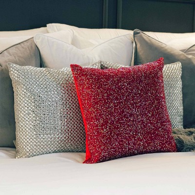 16"x16" Red Iridescent Velvet Rhinestone Square Throw Pillow