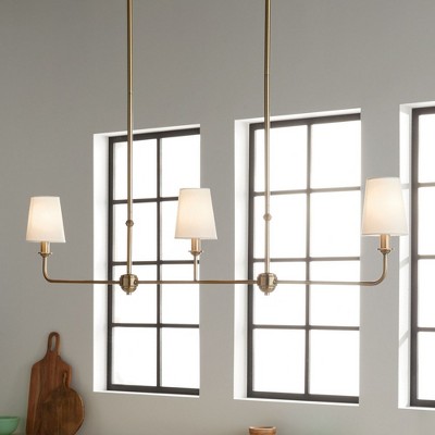 Brushed Natural Brass 3-Light Linear Chandelier with Fabric Shades