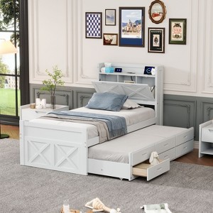 Okak Platform Bed Frame with Storage Headboard and 3 Drawers Wooden Platform Extendable Bed with Trundle and Outlets - 1 of 4