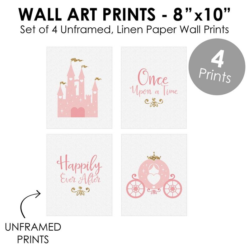 Big Dot of Happiness Little Princess Crown - Unframed Pink & Gold Castle Nursery and Kids Room Linen Paper Wall Art - Set of 4 Artisms - 8 x 10 inches, 5 of 8