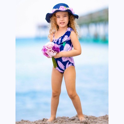 Tween Girls Sleeveless Tropical Ruffle One Piece Swimsuit