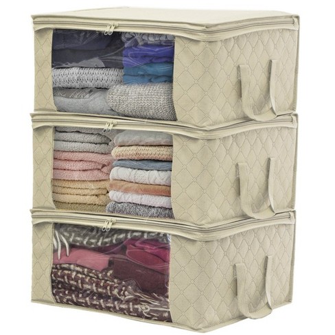 Sorbus 3 Pack Foldable Storage Bag Organizers Great for Clothes Blankets Closets Bedrooms and More Beige