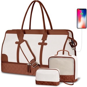 3-Piece Weekender Duffle Bag Set for Women with Shoe Compartment & Wet Pocket, Large Travel Carry-On Tote with Toiletry Bag - 1 of 4