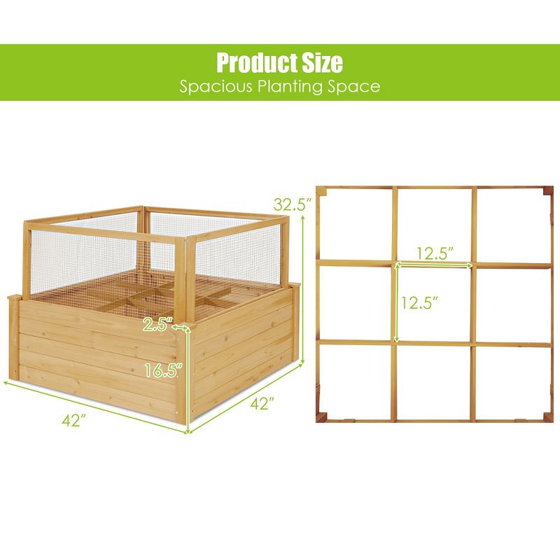 Costway Raised Garden Bed Wooden Garden Box with 9 Grids & Critter Guard Fence, 2 of 11
