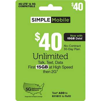 Simple Mobile $40 Unlimited Talk Text Data Prepaid Card (Email Delivery)