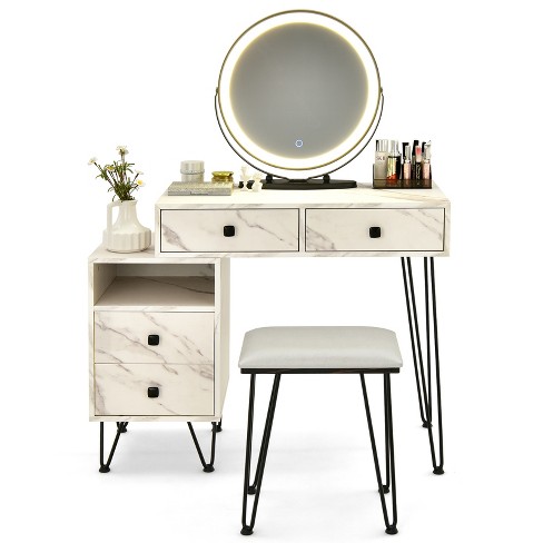Tangkula Bedroom Makeup Vanity Dressing Table Stool Set with 3 Colors Lighted Mirror Large Storage Cabinet Drawer White