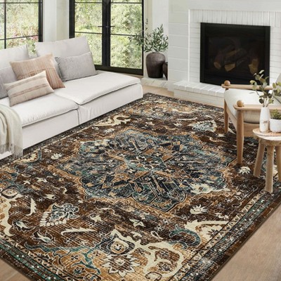Faux Wool Vintage Floral Printed Area Rug Machine Washable Stain Resistant Non Shedding Floor Rug for Living Room Bedroom