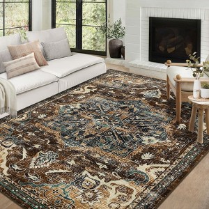 Faux Wool Vintage Floral Printed Area Rug Machine Washable Stain Resistant Non Shedding Floor Rug for Living Room Bedroom - 1 of 4