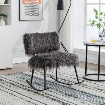 25''W Faux Fur Plush Nursery Rocking Chair, Fluffy Upholstered Accent Glider Chair with Metal Rocker-ModernLuxe
