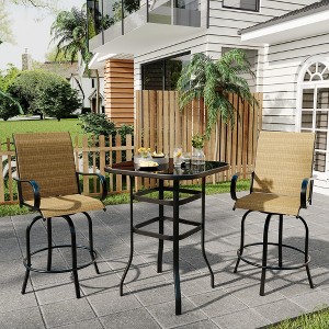 3 Pieces Textile Fabric Outdoor High Top Bar Set with 2 Patio Swivel Chairs and Glass Bar Table, High Stool Bistro Set for Poolside, Backyard - 1 of 4