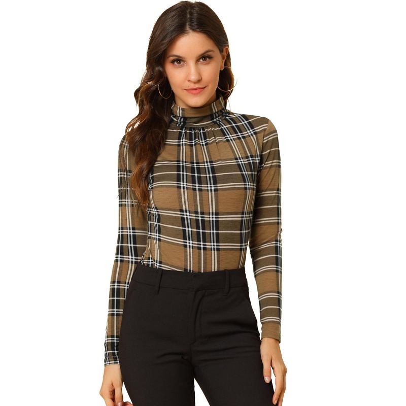 Allegra K Women's Long Sleeve Pleated Front Turtleneck Stretch Slim Plaid Blouse, 3 of 8