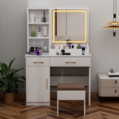 Makeup Vanity Table with Flip Top Mirror, LED Light & Power Outlet, White Glass Surface with Stool and Drawers-Cuddlewood