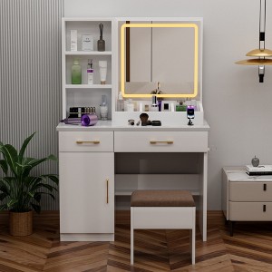 Makeup Vanity Table with Flip Top Mirror, LED Light & Power Outlet, White Glass Surface with Stool and Drawers-Cuddlewood - 1 of 4