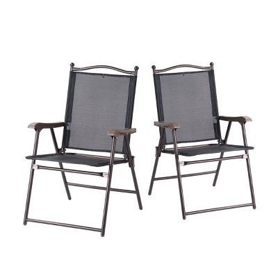 Tangkula 2-Piece Folding Outdoor Patio Chair Sling Back Camping Chair with Armrest & Pillow