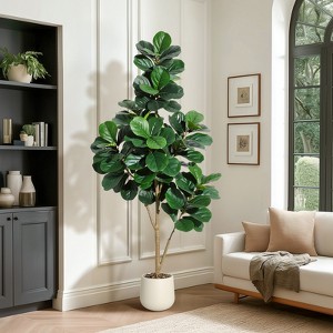 Garvee 4/5/6/7FT Fiddle Leaf Fig Tree Artificial with Leaves - Realistic Faux Ficus Lyrata Trees in Grey Planter Pot, Indoor Fake Floor Plants - 1 of 4