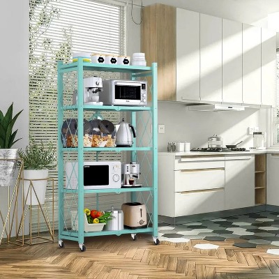 LunaLulinlk 5-Tier Storage Shelving Unit, Metal Shelf, Foldable Storage Shelf with Wheels, Kitchen Shelf with 4 Hooks,No Assembly Required,Blue