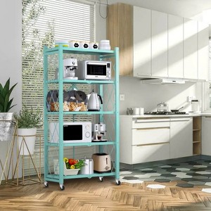 LunaLulinlk 5-Tier Storage Shelving Unit, Metal Shelf, Foldable Storage Shelf with Wheels, Kitchen Shelf with 4 Hooks,No Assembly Required,Blue - 1 of 4