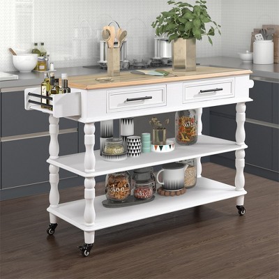 56'' Kitchen Island Cart, Rolling Kitchen Island with Drawer and Shelves, Serving Utility Cart, Kitchen Island Table on Wheels for Hotel Kitchen