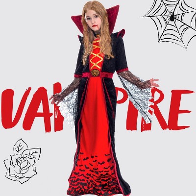Joyfy Halloween Costume for Girls Royal Vampire Role Paly, Deluxe Set Halloween Gothic Victorian Vampiress Queen Costume for Dress Up Party