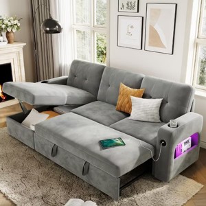 COZONY 84" Sleeper Sofa with Storage, Convertible Velvet Sectional Couch Bed with LED Lights, Reversible Chaise & Pull-Out Bed for Living Room - 1 of 4
