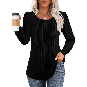 Long Sleeve Shirts For Women Fall Fashion 2025 Womens Tunic Tops Pleated Crew Neck Puff Sleeve Blouses Dressy Casual - 1 of 4