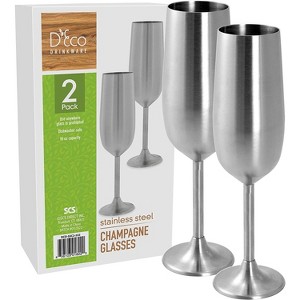 Unbreakable 8 Oz Stainless Steel Champagne Flutes (2 Pack)- Large Stemmed Matte Silver Champagne Drinkware- Great Gift - 1 of 4